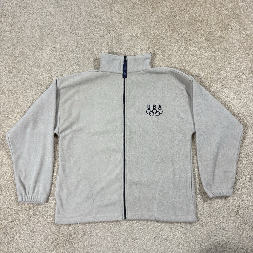 Team USA Olympics Large Jacket Full Zip Fleece Sweater Beige Men 90s Vintage